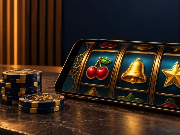 tr2026 Smartphone showing illustrated fruit, bell and star reels beside chips