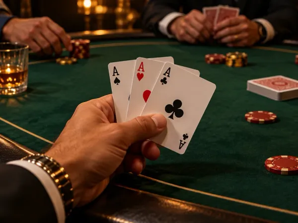 tr2026 Player holding three aces above a green card table with chips