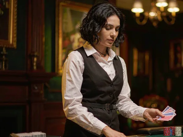 tr2026 Woman dealer dealing cards on a green baize table with chip stacks