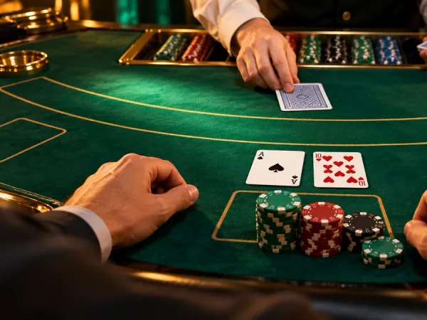 tr2026 Blackjack hand with an ace and ten beside casino chips on green felt