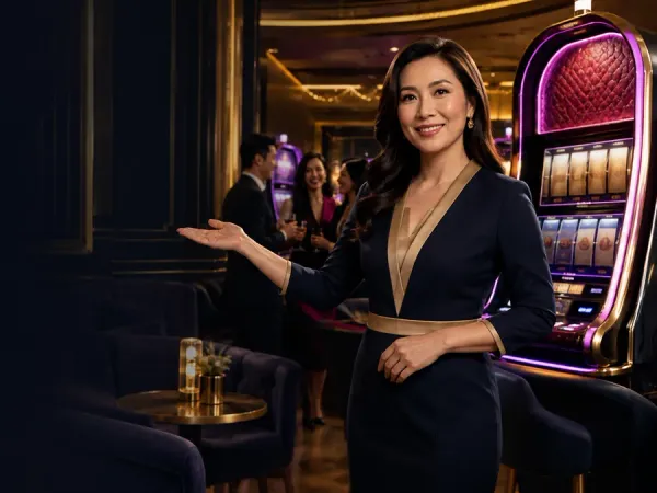 tr2026 Woman in a dark blazer beside a slot machine in a dim lounge