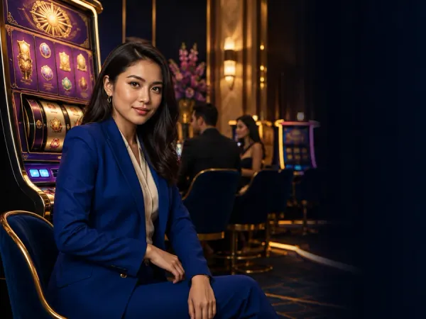 tr2026 Woman in a blue suit beside slot machines in a warm-lit lounge