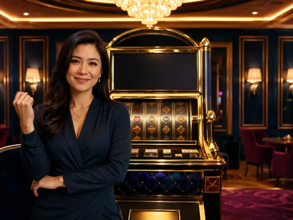 tr2026 Woman seated before a gold-framed slot machine in an elegant lounge