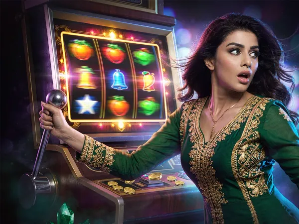 tr2026 Woman pulling a slot machine lever, with coins scattered on its base