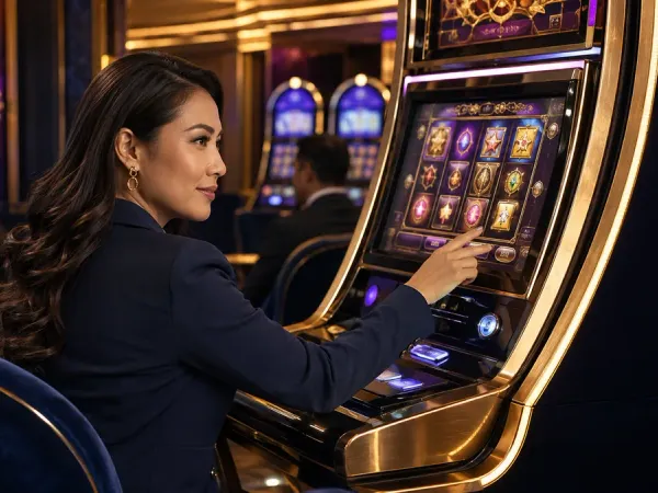 tr2026 Seated woman looking back from a slot machine with golden trim