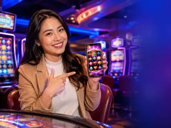 tr2026 Woman pointing at a phone with illustrated reels in a casino