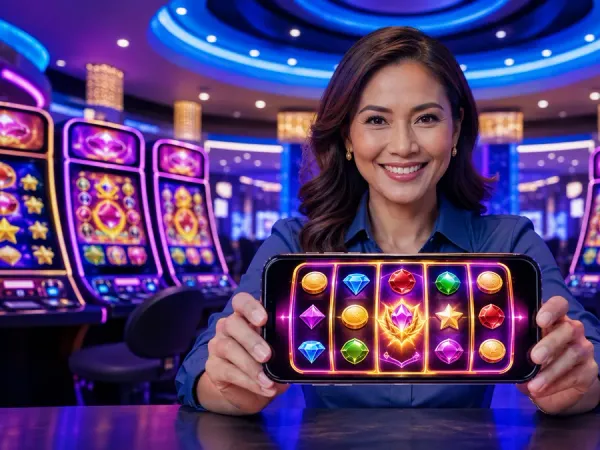 tr2026 Woman presenting a phone with fruit reels against blue casino lighting