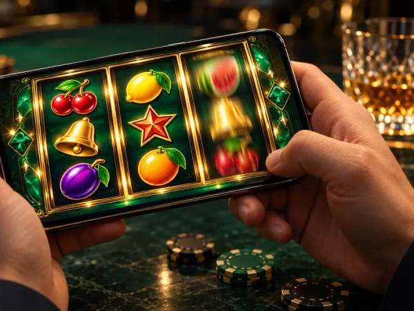 tr2026 Hands holding a phone with illustrated fruit reels and casino chips