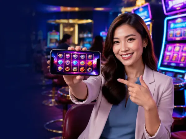 tr2026 Woman holding a phone horizontally with colourful fruit reels on screen