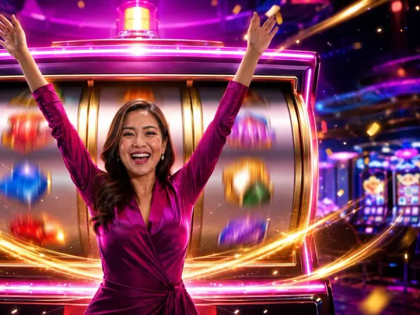tr2026 Woman raising her arms before a large illuminated slot machine