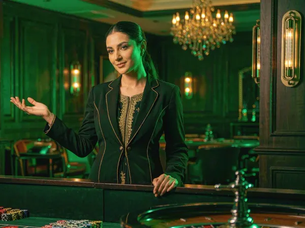 tr2026 Woman gesturing towards a roulette wheel on green felt beside chip stacks