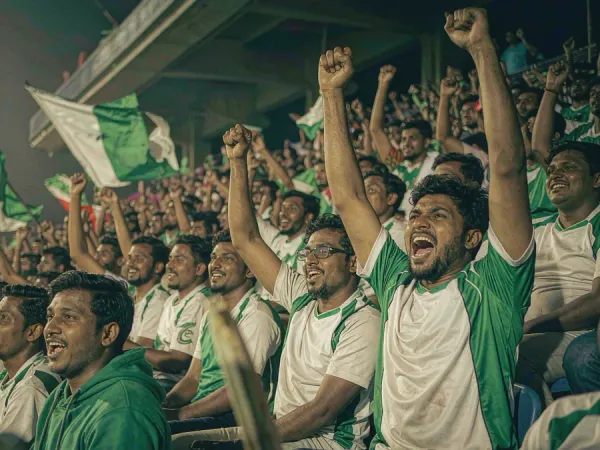 tr2026 Cricket fans in green and white cheering in a floodlit stadium at night