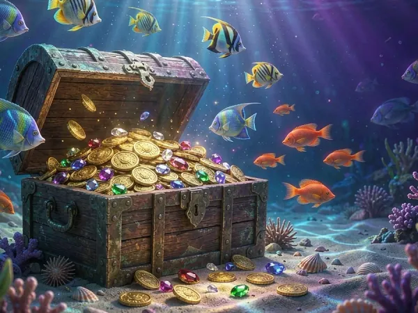tr2026 Open treasure chest with coins and fish underwater