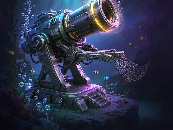 tr2026 Illustrated underwater cannon facing a school of fish