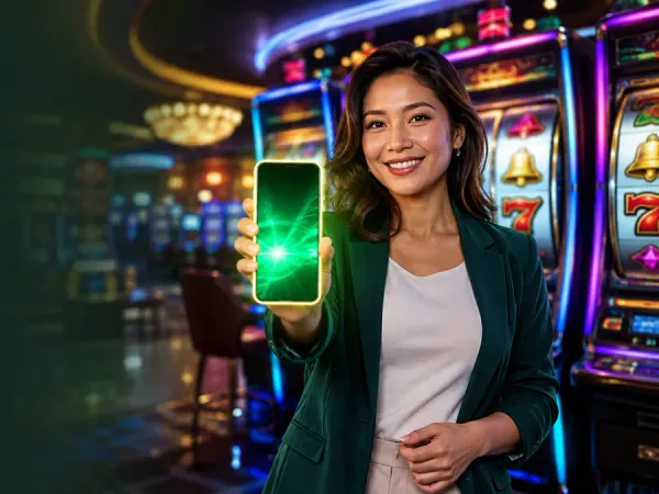 tr2026 Woman in a green blazer holding a glowing smartphone beside slot reels