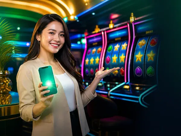 tr2026 Woman in a beige blazer holding a smartphone near colourful slot machines