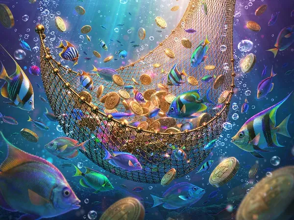 tr2026 Fish and gold coins surrounding an underwater net